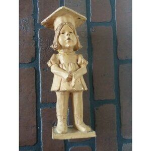 Antique/vintage Hand Carved Wood Figurine Girl w/Graduation cap flawed beige 11"